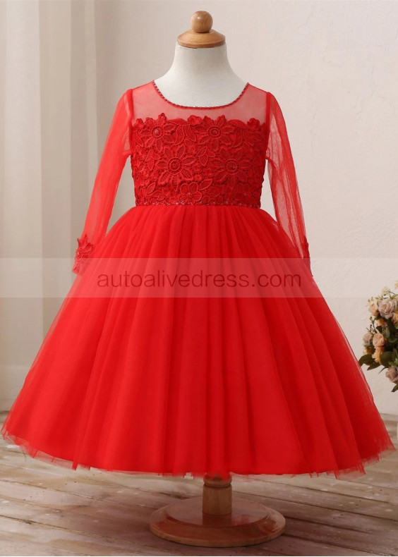 Beaded Red Lace Tulle Flower Girl Dress Birthday Party Dress